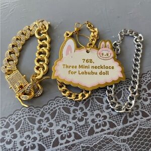 76B, Mini 2 Gold Tone and 1Silver Tone Chain Necklace for Labubu doll